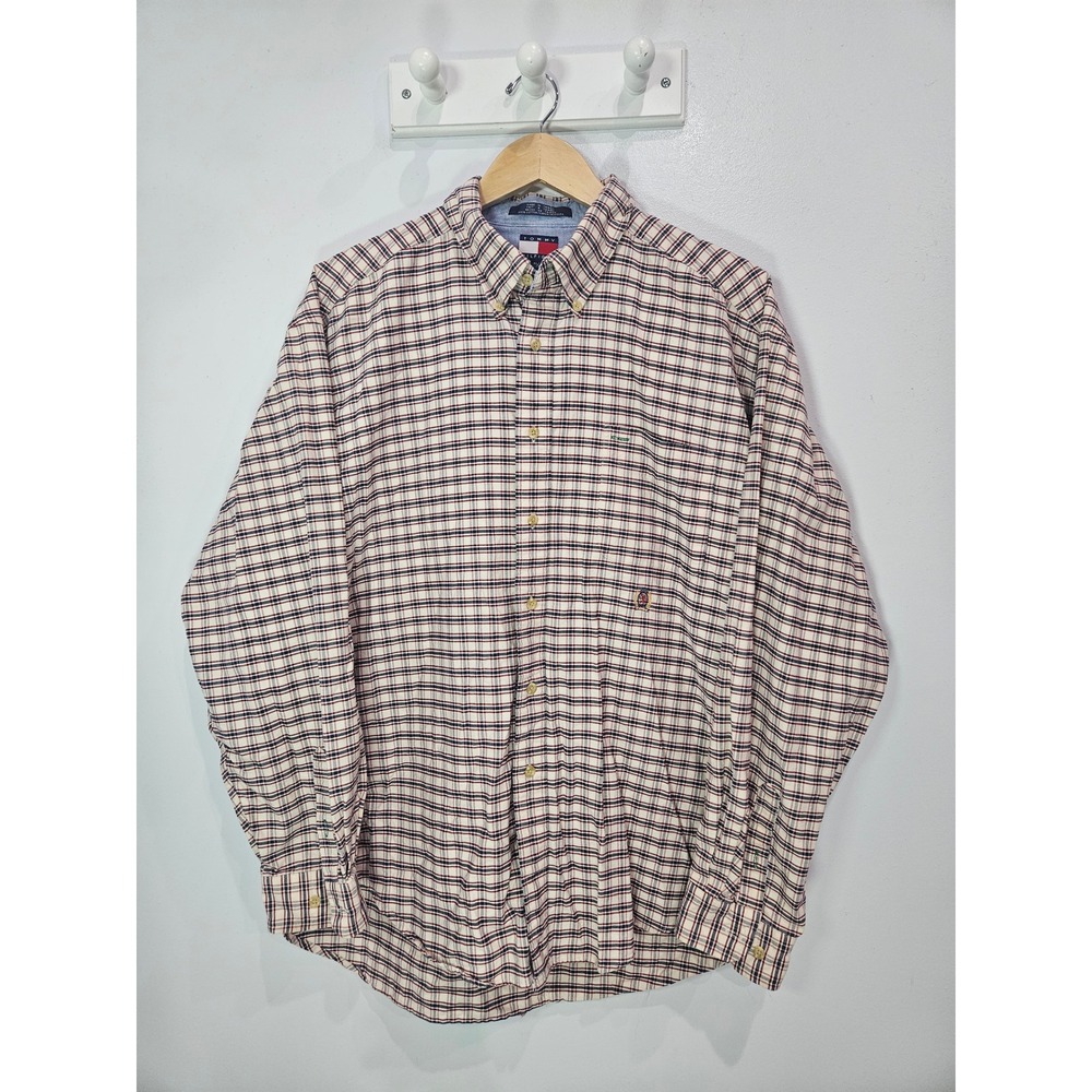 Tommy Hilfiger Mens XL Plaid Button Down Shirt Red Navy White Crest Logo Cotton